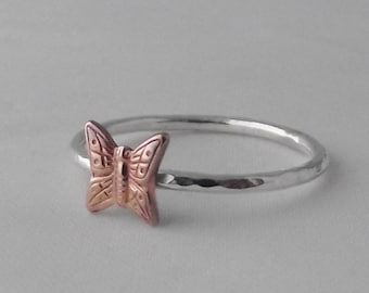 Stunning Handmade Sterling Silver 925 Hammer Finish Copper Butterfly Stacking Ring
