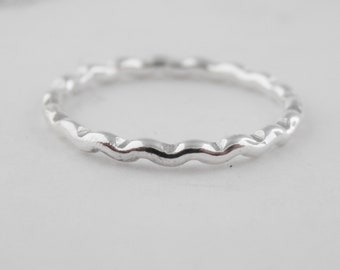 Sterling Silver Halo Stacking Ring Handmade Hammer Finish Wavy Deckled Zig-Zag