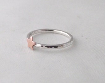 Stunning Handmade Sterling Silver 925 Hammer Finish Copper Star Stacking Ring