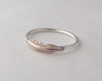 Stunning Handmade Sterling Silver 925 Hammer Finish Gold Feather Stacking Ring