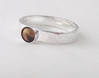 Stunning Handmade Bezel Set Tigers Eye Solid Sterling Silver Hammer Finish Ring