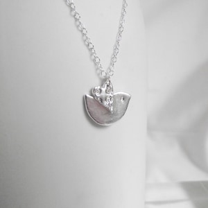 Stunning Handmade Solid Silver 999 Little Bird Folk Floral Heart Winged Pendant with Sterling Silver chain. Necklace