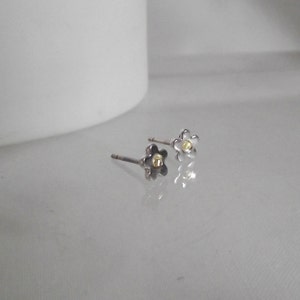 May include: A pair of silver flower stud earrings with a gold center. The earrings are small and delicate.