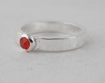 Sterling Silver 925 Faceted Rose Cut Carnelian Solitaire Ring Handmade Texture Finish