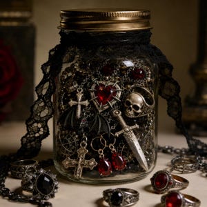 Puede incluir: Un frasco de vidrio transparente con tapa dorada, envuelto en encaje negro, lleno de joyas variadas que incluyen un colgante de corazón rojo, un anillo de calavera plateado, un dije de espada, un murciélago y cruces. Varios anillos rodean el frasco.