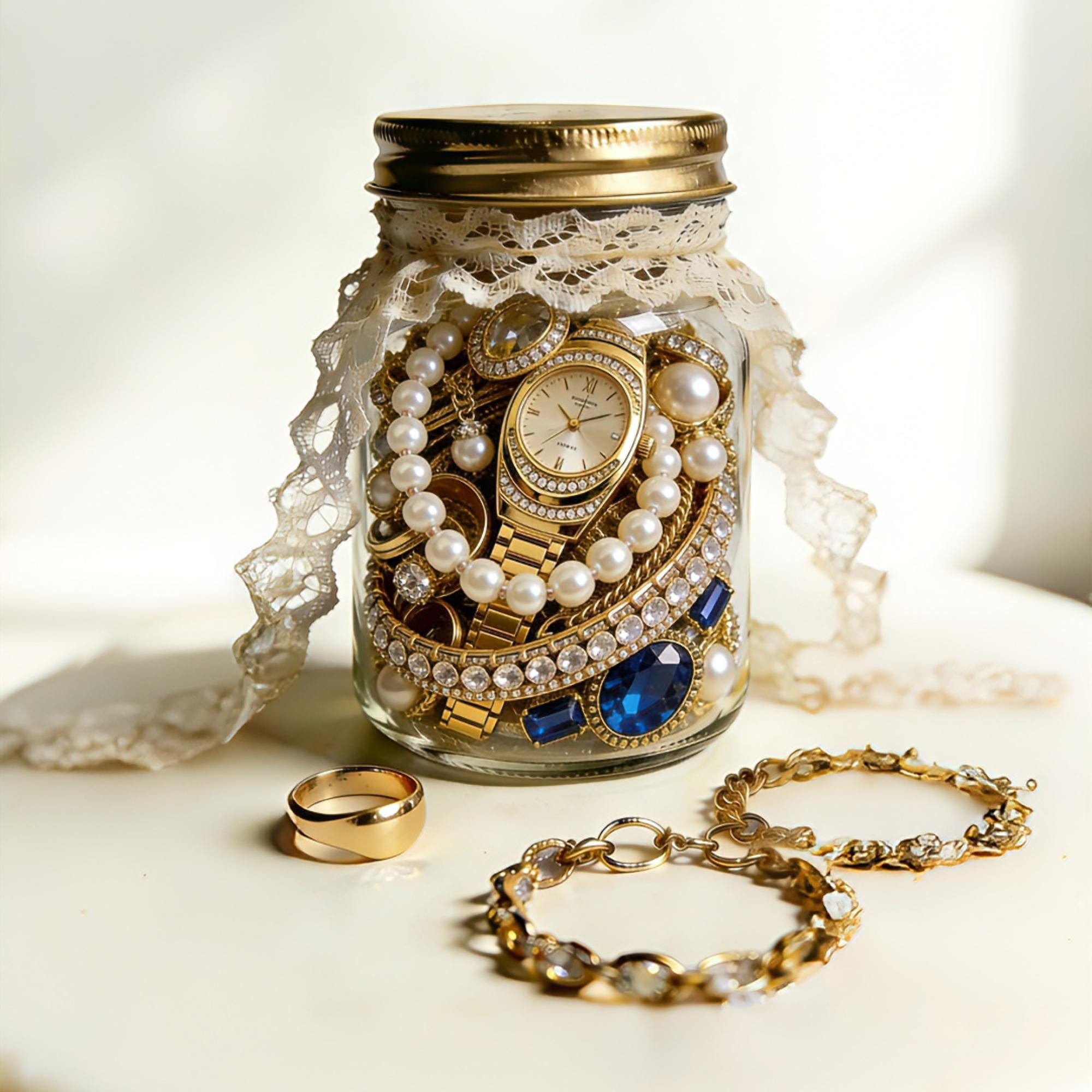 Assorted Mix of Vintage + Costume Jewelry Jar with Emerald, Pearl & Gold Accents Mystery Jewelry Jar: Vintage to Modern Wearable Mix (14-18  main image 3