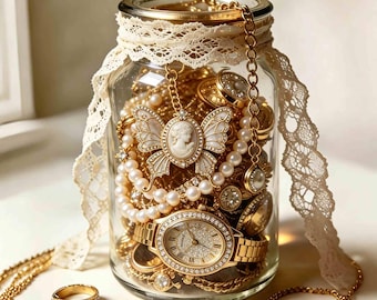 Surprise Jewelry Jar, Vintage Style Trinket Jar, Pearl & Gem Mix, Cottagecore Decor, Handmade Gift for Her