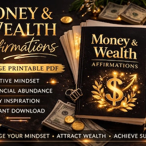 Puede incluir: Un libro titulado "Money & Wealth Affirmations" con un símbolo de dólar dorado y una flecha hacia arriba. La imagen incluye efectivo, monedas y una vela encendida, con texto que promueve una mentalidad positiva y abundancia financiera.