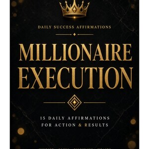 May include: A black book cover featuring a gold crown icon at the top, with the gold text "DAILY SUCCESS AFFIRMATIONS", "MILLIONAIRE EXECUTION", "15 DAILY AFFIRMATIONS FOR ACTION & RESULTS", and "MINDSET • FOCUS • DISCIPLINE • WEALTH" on a dark background.