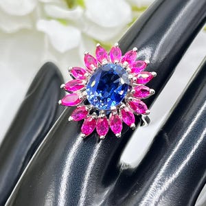 Anillo Starburst Sapphire Ruby, plata de ley, piedras preciosas cultivadas en laboratorio, pieza llamativa