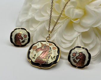 Unicorn Earrings and Necklace Set in Gold Stainless Steel With Enamel Jewelry Set Art Noveau Style