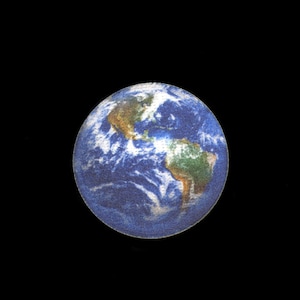 May include: A detailed illustration of Earth, showcasing continents in shades of green, brown, and tan, surrounded by blue oceans and white clouds. The globe is set against a stark black background.