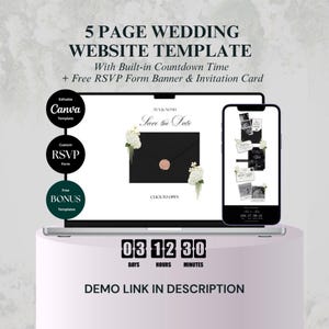 May include: A digital wedding website template showcased on a laptop and smartphone. The laptop screen features a black envelope design with "Save the Date." The smartphone displays wedding card examples. Text includes "5 PAGE WEDDING WEBSITE TEMPLATE" and a countdown timer.