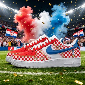 May include: Red and white checkered sneakers with a blue Nike swoosh and Croatian flag details. The sneakers have white soles and laces, with the text "YOUR NAME" on the side. The background shows a stadium with fans and Croatian flags.
