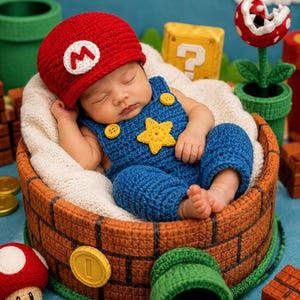 Modèle au crochet pour bébé inspiré de Mario, tenue pour photo nouveau-né, bonnet et salopette, débutant facile, cadeau de baby shower