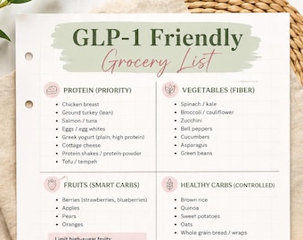 Lista de la compra para tomar GLP-1 (imprimible) / Qué comer con semaglutida / Guía de alimentación para bajar de peso / Dieta con tirzepatida (PDF) / Lista de la compra saludable