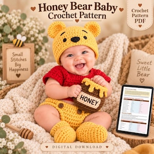 May include: A digital crochet pattern for a Honey Bear baby outfit, including a yellow bear ear hat, red short-sleeve top, yellow diaper cover with buttons, and yellow booties. The set features a brown crocheted honey pot with the text HONEY.
