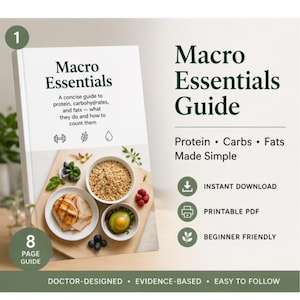 Puede incluir: Un libro blanco titulado "Macro Essentials" con el subtítulo "Una guía concisa sobre proteínas, carbohidratos y grasas: qué hacen y cómo contarlos". La guía incluye imágenes de alimentos y el texto "Proteínas • Carbohidratos • Grasas simplificadas."