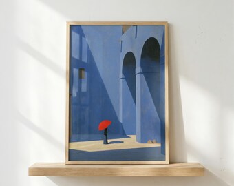 Red Umbrella Courtyard Print, Mediterranean Architecture Printable Wall Art (Digital Download)