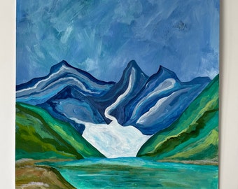 Modern Mountain Landscape Painting, Landscape Art, Original Artwork, "Snow Melt, Alpine Lake."