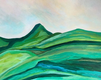 Mountain Art, Landscape Art, Original Artwork, Hills of Green