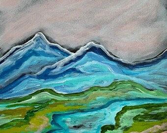 Original Mountain Landscape Painting, Mountain Art, Modern Landscape Paintings, Cool River, OOAK