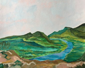 Mountain Art, Landscape Art, Original Artwork, Green Valley, Blue River