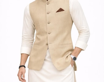 Men's Beige Nehru Jacket Waistcoat – Festive Indian Wedding Kurta Vest