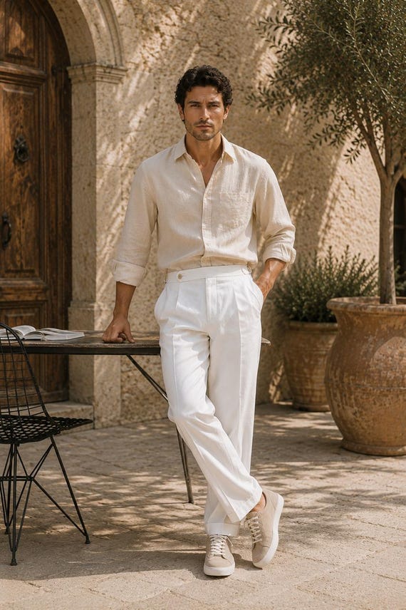 beige dress pants outfit men Men's Linen Shirt, White Pleated Trousers, Old Money Co-Ord Set RD-06.11.26 ZIMMERMANN Aster Scarf Midi Color:#5-Amethyst