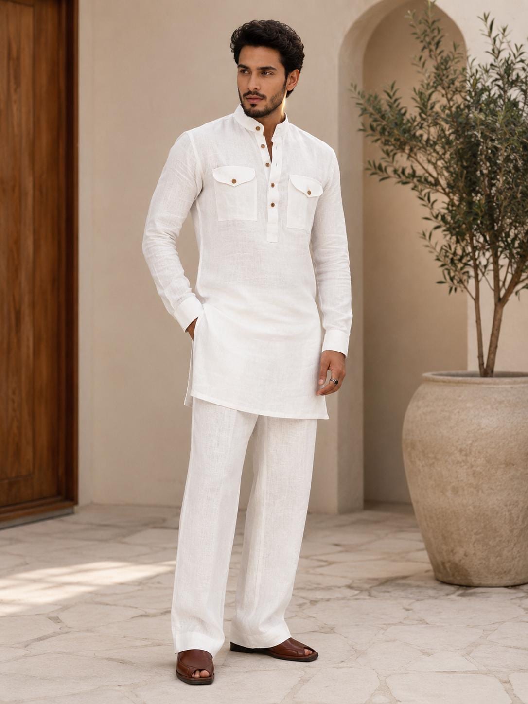 Men's White Linen Kurta Pajama Set, Relaxed Fit Traditional Pakistani Wear