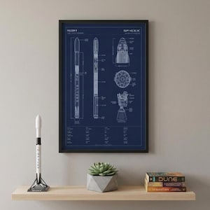 Peut inclure: Un plan encadré d'une fusée SpaceX Falcon 9, avec des schémas blancs sur fond bleu marine. Une maquette de fusée et une plante succulente dans un pot géométrique sont posées sur une étagère en bois.