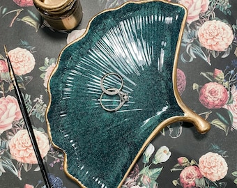 Ginkgo Leaf Trinket Dish, Green and gold decor, Plant Mom, Maximalist decor, Mid Century modern, jewelry holder, catchall key bowl