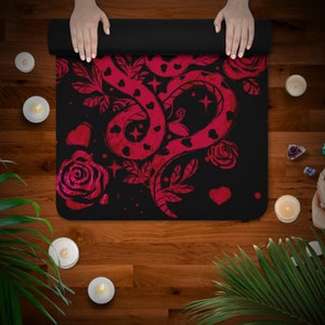 Witchy Dark Romantic Gothic Yoga Mat, black and red pilates exercise non slip designer meditation pad, halloween yoga serpentine