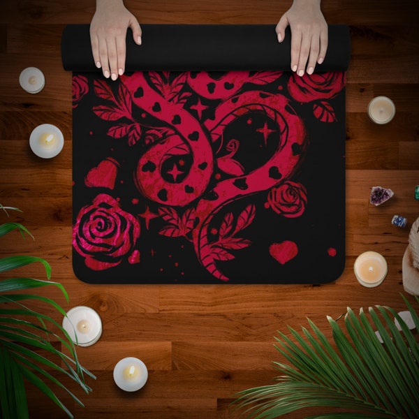 Tapis de yoga gothique romantique sombre sorcière, tapis de méditation antidérapant pour exercices de pilates noir et rouge, serpentine de yoga d'halloween