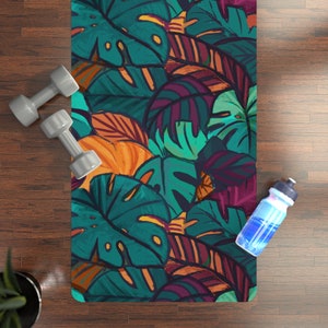 Jungle print yoga exercise mat with rubber bottom, microsuede top, stylish tropical beach pilates meditation, custom gift for her or him