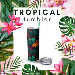 Tropical Monstera Jungle Print Skinny Tumbler con paja, 20 oz de múltiples colores y paja a juego, regalos de taza de café de acero inoxidable para ella