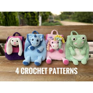 Kids Backpack's Patterns, Set of 4 crochet plush backpack patterns