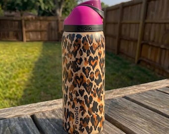 Leopard Heart Owala Water Bottle, Cute Animal Print Tumbler, Pink Lid Insulated Bottle, Gift for Women, 24oz 32oz Bottle