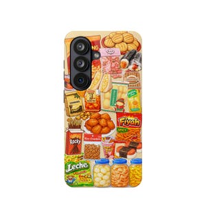 May include: A phone case featuring a collage of various snacks and food items. The design includes cookies, sushi, crackers, and other packaged goods. The case has a camera cutout and a beige background.