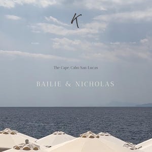 May include: A coastal scene with a cloudy sky and the ocean. The text includes "K", "The Cape Cabo San Lucas", and "BAILIE & NICHOLAS". White parasols are in the foreground, creating a contrast with the sea.