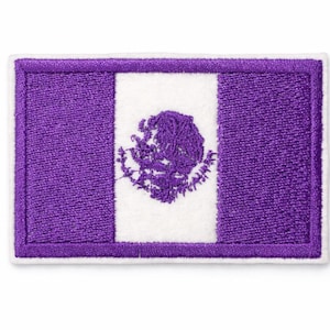 May include: Embroidered patch featuring the Mexican flag in purple, white, and purple. The flag design includes a central white stripe with the Mexican coat of arms, surrounded by purple stripes and a white border. Ideal for jackets, bags, or other fabric items.