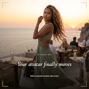 May include: A sleeveless olive green dress with side cutouts and a flowing skirt. The image features the text "AI VIDEO ERA", "Your avatar finally moves", and "Build a cinematic faceless video brand" overlaid on the scene.