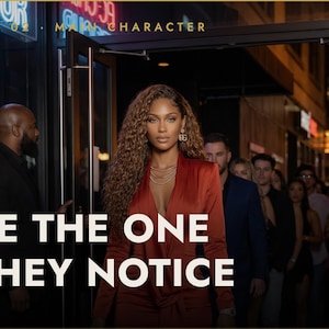 May include: A woman in a red blazer with the text "BE THE ONE THEY NOTICE" in bold white letters. The image has a dark, upscale ambiance, with people in the background.
