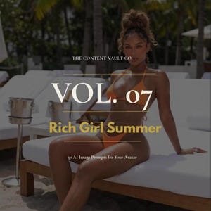 Puede incluir: Un bikini naranja con el texto "VOL. 07 Rich Girl Summer" se muestra sobre un fondo blanco. La imagen también incluye el texto "THE CONTENT VAULT CO." y "50 AI Image Prompts for Your Avatar".