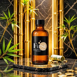 Pode incluir: Uma garrafa de vidro âmbar com tampa preta e um rótulo preto com o texto branco First impression SCENTS. Uma pequena placa retangular dourada na base diz Golden Bamboo. A garrafa está sobre uma superfície de mármore preto com moedas douradas.