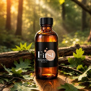 May include: An amber glass bottle with a black screw-top cap featuring a black label with the white text First impression SCENTS and a tan circle graphic. The bottle is cylindrical with a narrow neck and a flat base, containing liquid.