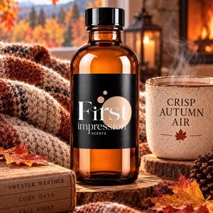 Puede incluir: Una botella de vidrio ámbar con tapa negra y una etiqueta negra con el texto blanco First impression SCENTS. La botella está colocada entre artículos con temática otoñal, incluyendo una taza con la etiqueta CRISP AUTUMN AIR y un libro.