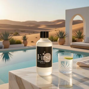 Puede incluir: Una botella transparente con una etiqueta negra que dice "First Impression Scents" se encuentra sobre una superficie de mármol junto a un vaso de agua con una rodaja de lima. El fondo presenta una piscina, un paisaje desértico y elementos arquitectónicos.