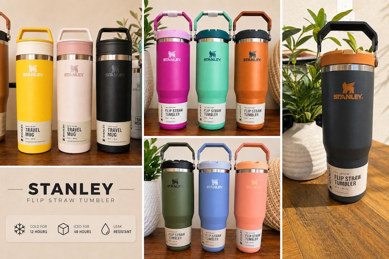 K&ouml;nnte beinhalten: Eine Sammlung von Stanley Reisebechern und Trinkbechern mit Klappstrohhalm in verschiedenen Farben wie Gelb, Pink, Schwarz, Magenta, T&uuml;rkis, Orange, Olivgr&uuml;n, Blau und Pfirsich. Jeder Beh&auml;lter verf&uuml;gt &uuml;ber einen Griff, einen Deckel und ein Etikett.