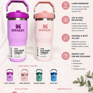 May include: Two Stanley 14oz Flip Straw Tumblers in Soft Orchid and Rose Quartz, with laser engraving. Features include hot and cold retention, durable stainless steel construction, and available colors: Spring Green and Blue Sky.